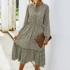 Western style floral prints casual apparel long sleeve fashion sashes long shirt dresses Spring Women Dress