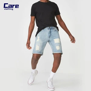 Wholesale 100% cotton slim fit distressed denim shorts for men