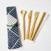 Wholesale  Tableware Set Travel Utensils 100 % Natural Bamboo Cutlery set Straw knife fork and spoon With bag