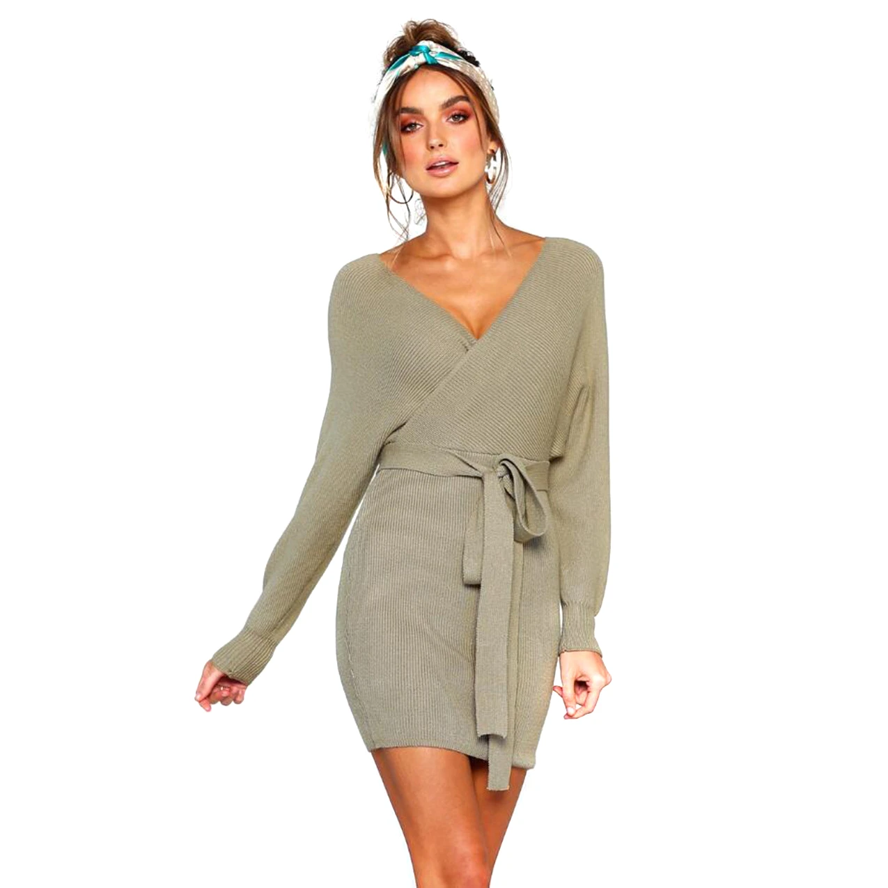 Women Autumn and Winter Long Sleeve Knitting V Neck Backless Sexy Sweater Dress with Belted