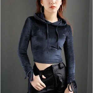 women slim fit crop top velour hoodies
