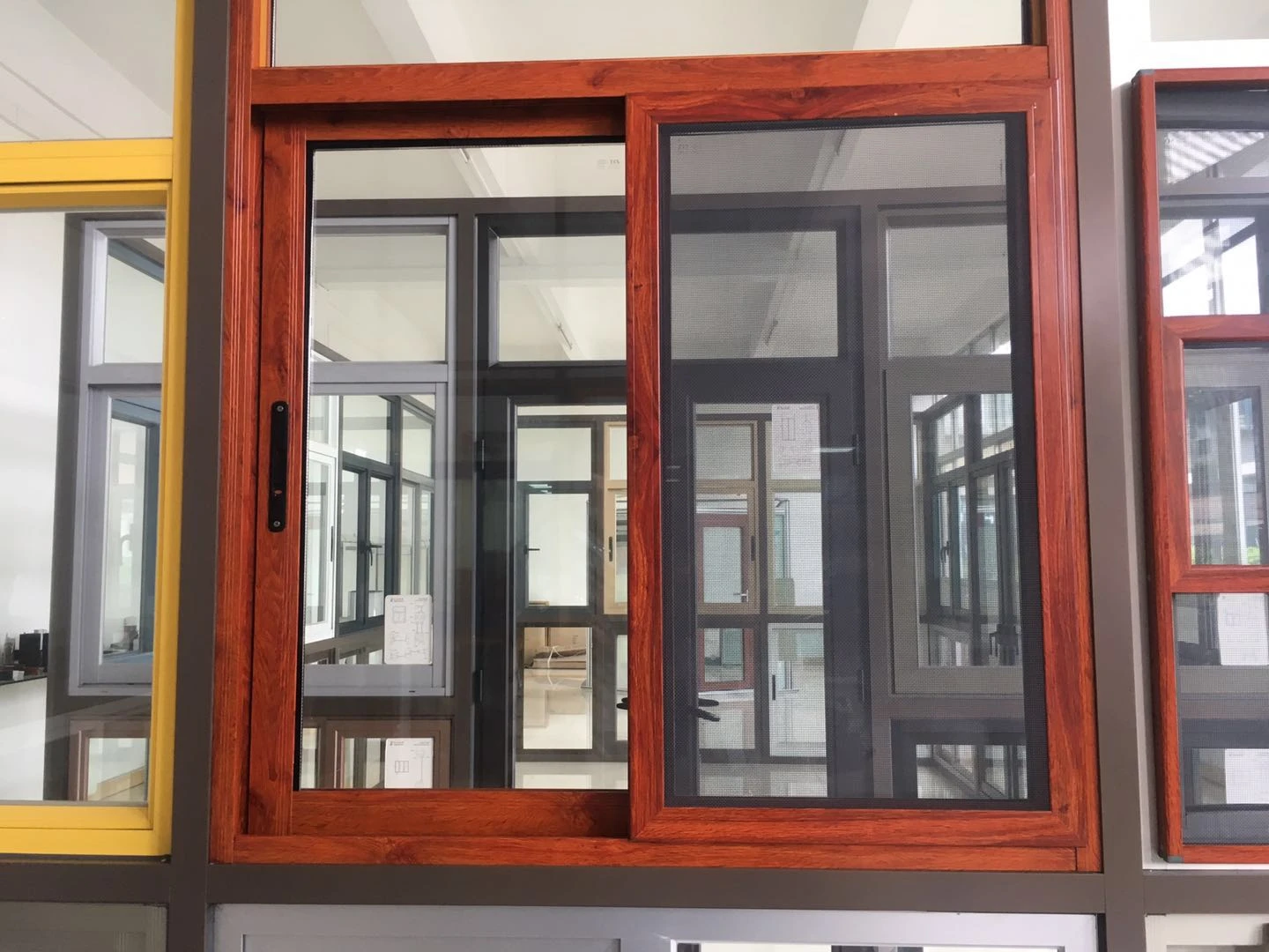 Wooden exterior double glass sliding window with stainless steel net