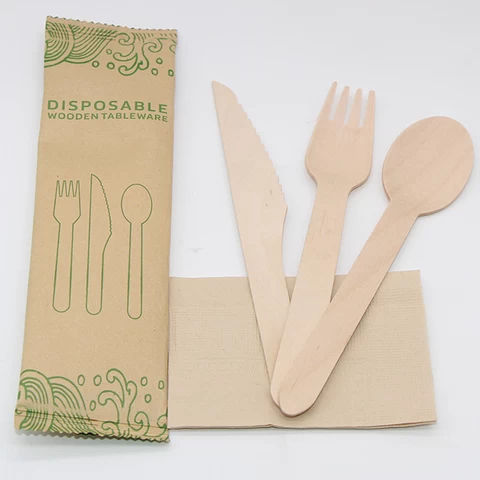 Wooden Knife ,fork and Spoon with Brown Napkin Disposable Wooden Cutlery Flatware Sets 100% Birch Wood for Food Customized Free