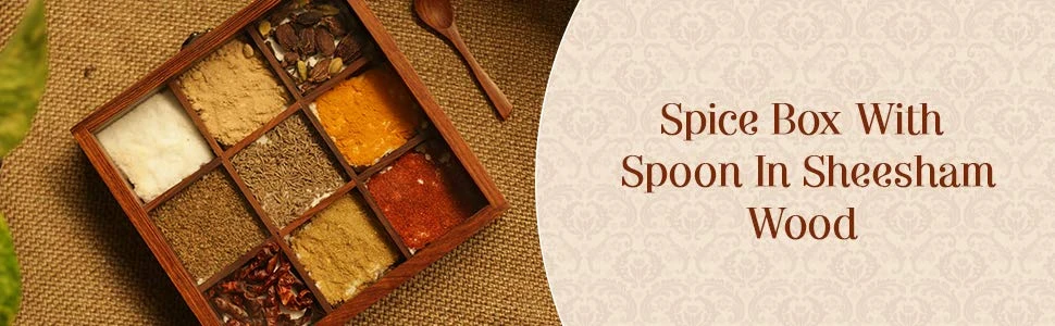 Wooden Spice Box With 9 Container & With Spoon