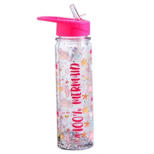 Zogift kids colorful shinning chips clear plastic sports flip straw sippy confetti glitter water bottle with straw