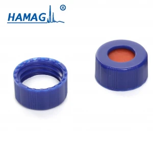 9mm Blue open-topped polypropylene cap and white PTFE/red Silicone septa