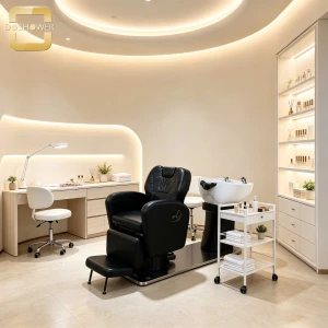 Electric Reclining Shampoo Chair Set With Ceramic Basin Stainless Steel Platform Hair Salon Hair Washing Station