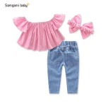 2017 wholesale children summer clothes sets child kids clothing bf photo off shoulder top+ripped jeans+pink headband 3pcs set