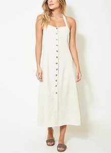 2020 hot sale customde low MOQ summer simple plain  cotton linen halter women  dresses with buttons