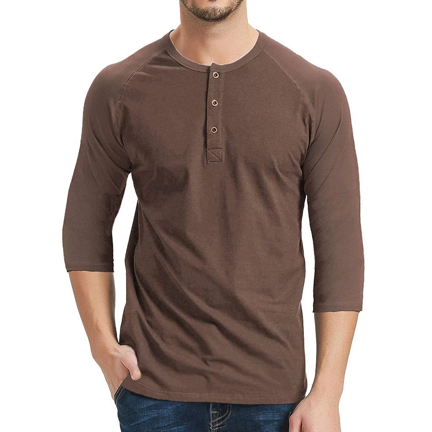2021 new solid color raglan sleeve mens casual sports t-shirt fashion three-quarter sleeve henry collar T