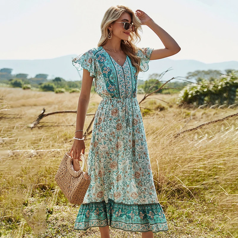 2021 summer new bohemian dress leisure holiday style printed mid-length dress