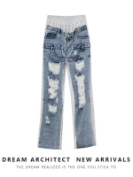 2024 womens design sense american vintage high-waisted jeans vintage hand-worn splicing jeans splicing straight leg pants
