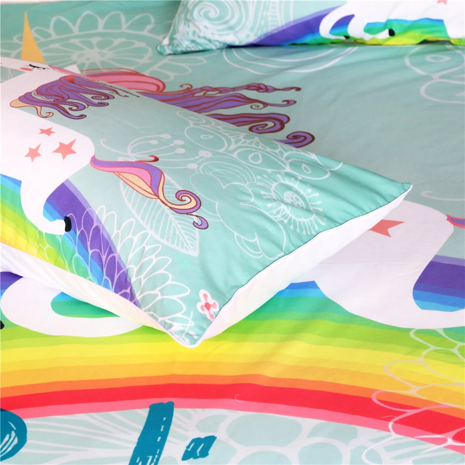 3Pcs Home Textiles Rainbow Unicorn Believe Miracles Floral Blue Bedding Set Cartoon Duvet Cover For Kids