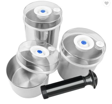 700ML 1000ML 1300ML 3pcs set food Storage Containers Vacuum Air tight round stainless steel storage container with pump