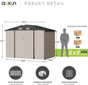 8 x 6 ft Utility Metal Shed Wood Frame with Galvanized Steel Easy Assembly Rot Proof Air Vent and Lockable Door