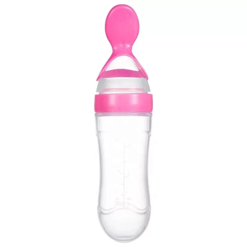 90mL Children Food Rice Paste Spoon Silicone Baby Toddler Feeding Bottle with Spoon