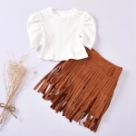 Amazon hot-selling children's clothing kid and little  girls solid color round neck bubble short sleeve shirt with fringed skirt