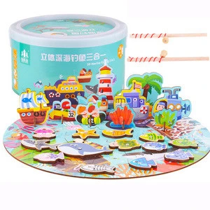 Amazon Hot Selling Educational Sea Ocean Farm Animal Wooden Magnetic Fishing Game Toy for Kids