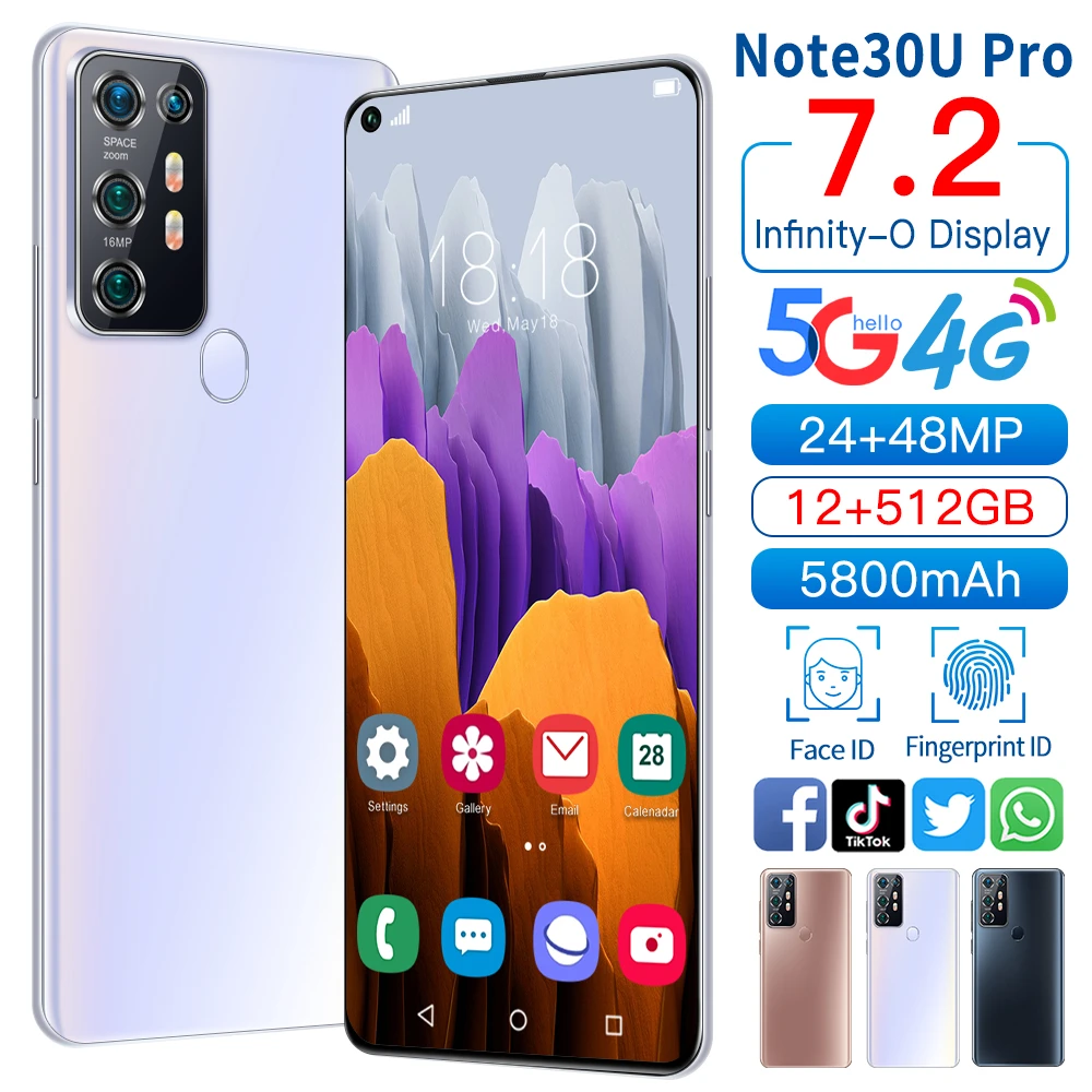 Best Price Wholesale Note30U pro 12GB+512GB mobile phone 7.2-inch OLED Big Screen Fingerprint unlock smart phone