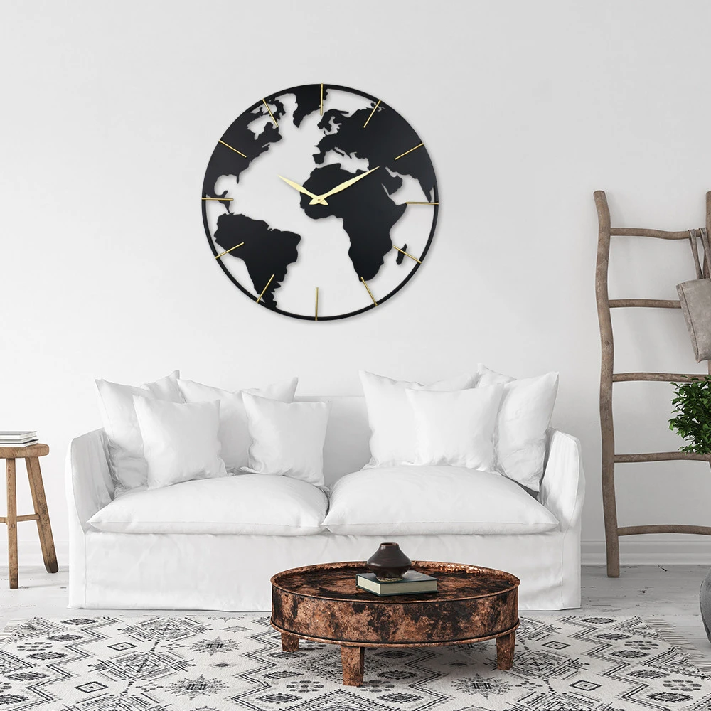 Black Indoor World Map Style Metal Decorative Clock European Industrial Vintage Large Wrought Iron Wall Clock