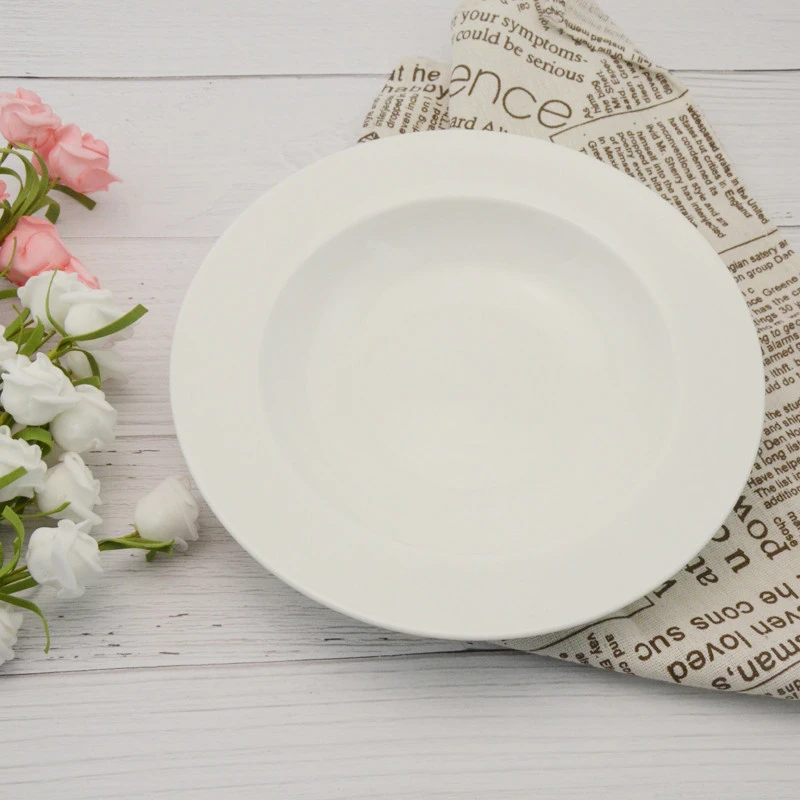 Cheap plain white large durable ceramic plates custom logo printed dinnerware deep dish dinner plates for soup
