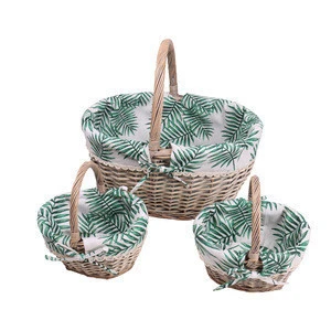 Cheap Round Fabric Liner Wicker Storage Basket With Handle Set Of 3