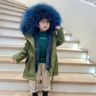 Children animal fur lined parka and hood big collar can be removed overcoat