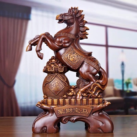 Chinese Traditional Fengshui Poly Resin Home Decoration Sculpture Wood Texture  Fortune Horse Sculpture