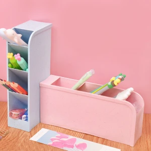 chinese wholesale office stationery item Creative simplicity wheat straw Pen container Multi layer pen holder kawaii