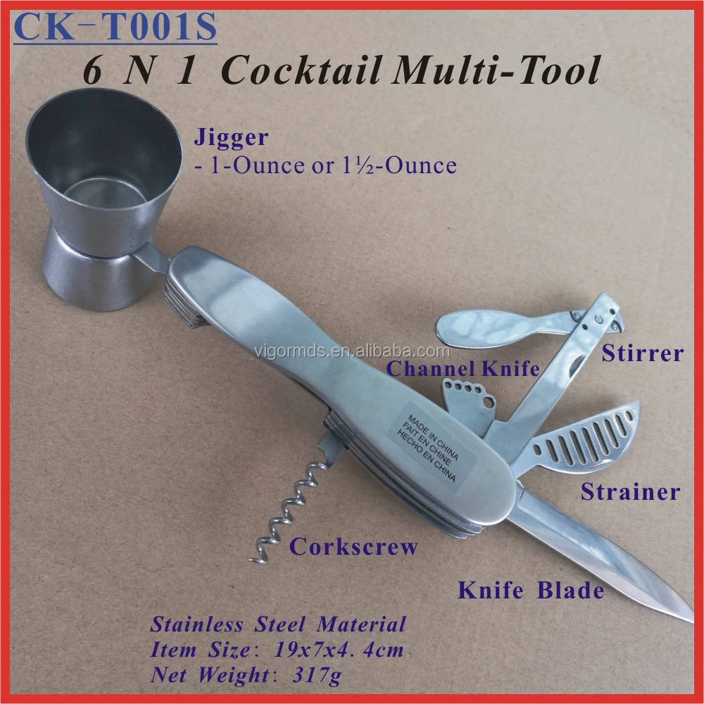 (CK-T001S) Stainless Steel 6 in 1 Jigger Stirrer Strainer Channel Knife Bar 10der Multi Cocktail