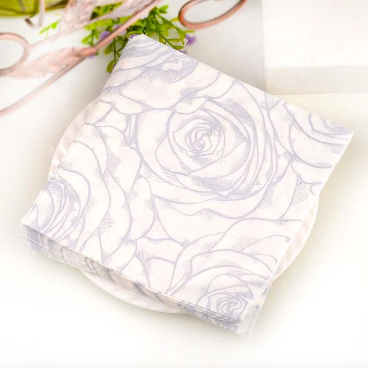 Custom Design Primary Wood Pulp Rose Floral Printed 2 Ply Dinner Table Paper Napkins