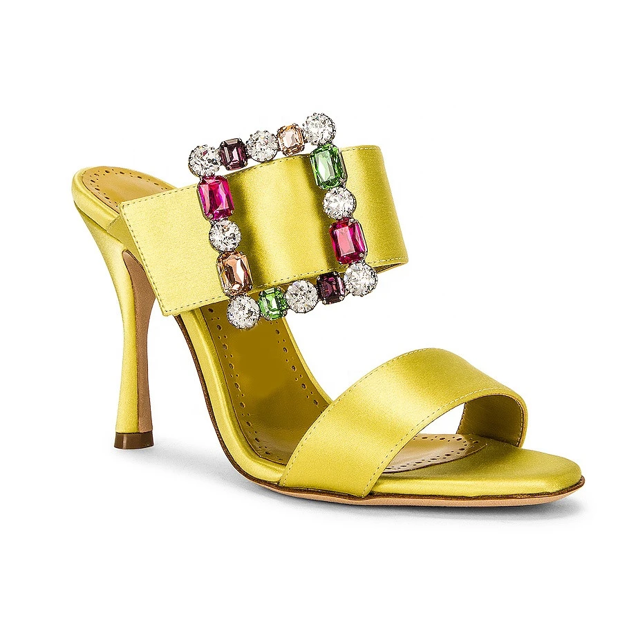 custom made ODM OEM factory supply New Fashion yellow silk satin Ladies High Heels Sandals Women Shoes flip flop heels shoes
