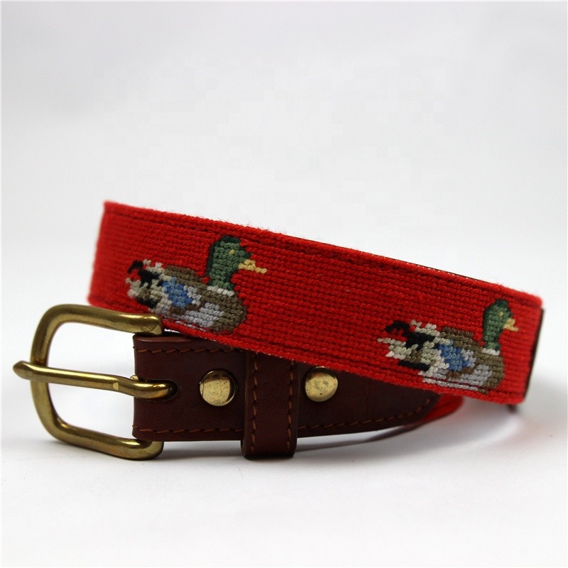 Custom Mallard Duck Hand Stitched Needlepoint Children Leather Belts