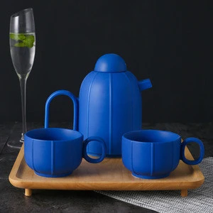 European simple style tea pot set porcelain luxury home decor coffee cup matte blue glazed ceramic tea set with bamboo tray