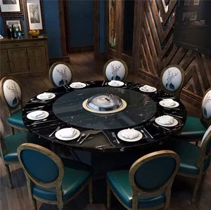 Factory Supply Restaurant Furniture Artificial Marble Table Top Round Hot Pot Table Set With Rotation