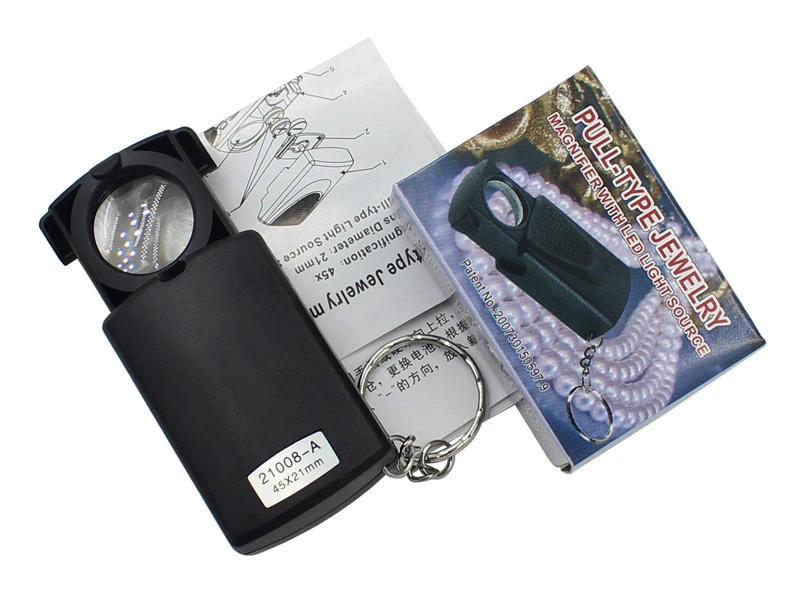 Factory Wholesale Pocket  Pull LED Lighting Mini 45 Times LED  Illumination Small Jewelry Magnifier With Key Ring