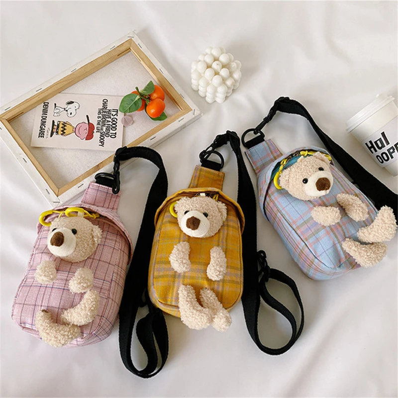 Fashion cartoon toy Belt  Bag lattice Canvas Phone wallet Chest Pouch Bags for Travel Sport bear fanny pack kids waist bag