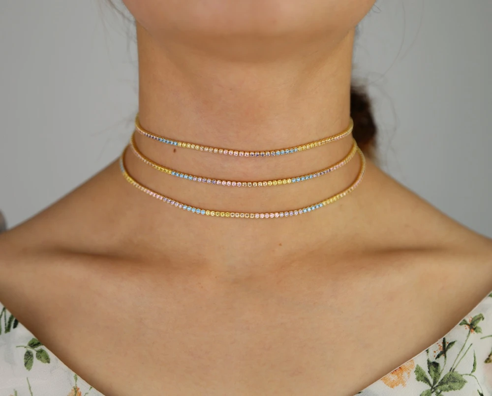 fashion women collar gold plated thin tennis chain pastel rainbow choker necklace