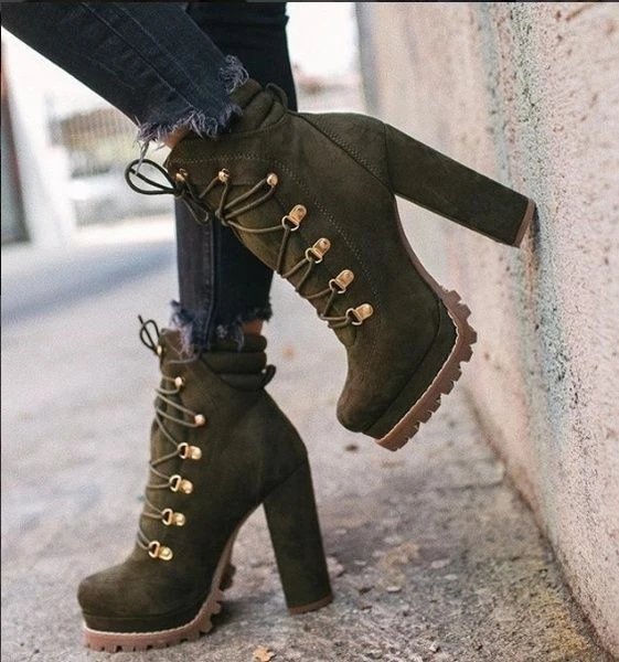 Fashion Women Shoes High Heels Booties Waterproof Platform Suede Ladies Low Tube Lace Up Ankle Boots