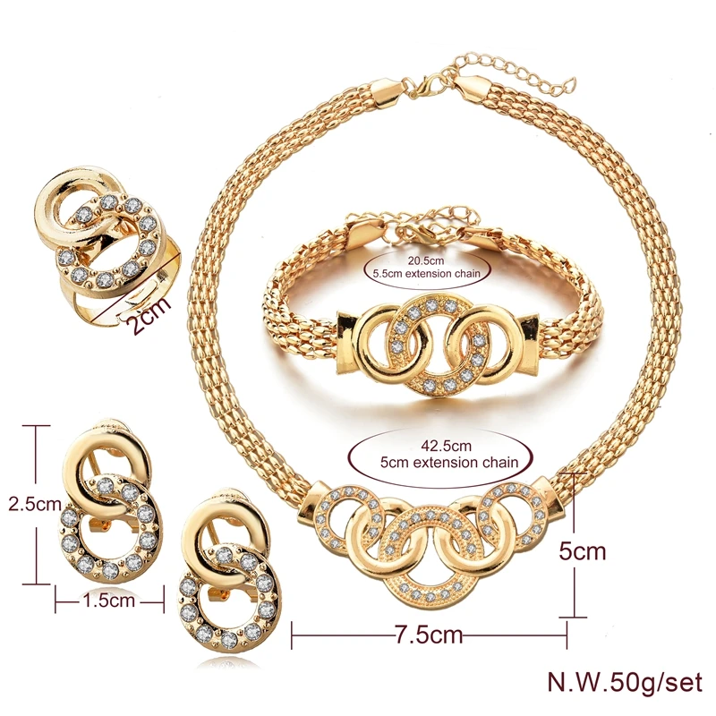 Four-piece Jewelry Set with Interlocking Gold-plated Stainless Steel and Rhinestones Jewelry Suit,Necklace Set Jewelry