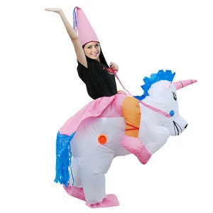 Funny Inflatable White Unicorn with Bule Tail Animal Mascot  Blow-up Ride-on Cosplay Halloween Party Decoration  for Adults