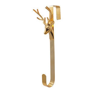 Gold 3D Reindeer Head Christmas Front Door Decoration Metal Hook Wreath Holder Hanger