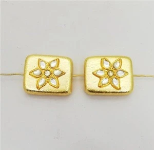 Gold Plated Kundan Work Metal 16x20mm Rectangle Bead, Handmade Jewelry Making Bead