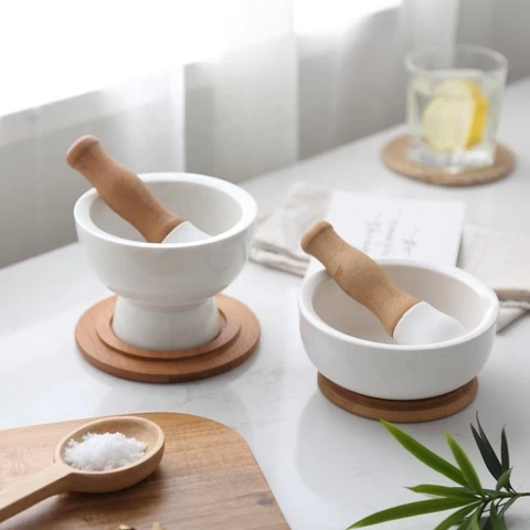 Herb and Spice Tools Vegetable Grinder  Mortar Solid Ceramic Bowl  Mortar and Pestle Set with Bamboo Base