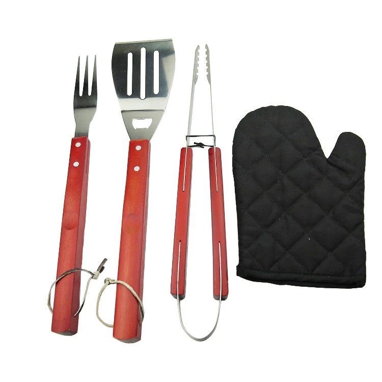 High Quality Camping BBQ Grilling Tools Set with Apron Bag 5pcs BBQ tool Set Wooden Handle