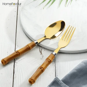 homefavour cutlery set plastic Imitation bamboo handle  4/16/18 pieces gold plated stainless steel fork spoon and knife set