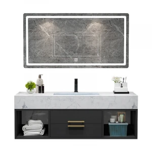 Hot Sale Smart LED Mirror Single Sink Vanity Modern Wooden Bathroom Vanity with Marble Top