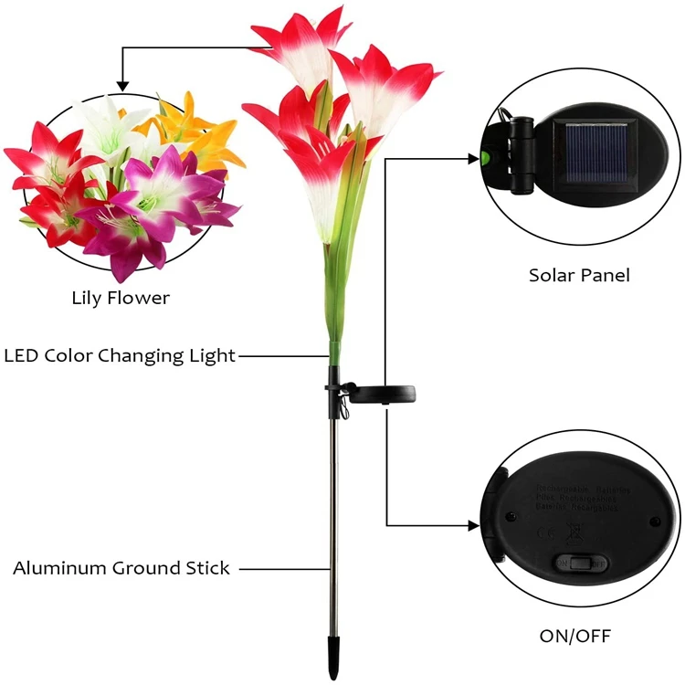 Hot Solar Waterproof 4 LED 75cm Stick Yard Decoration Led Artificial Lily Flower solar flower stake lights