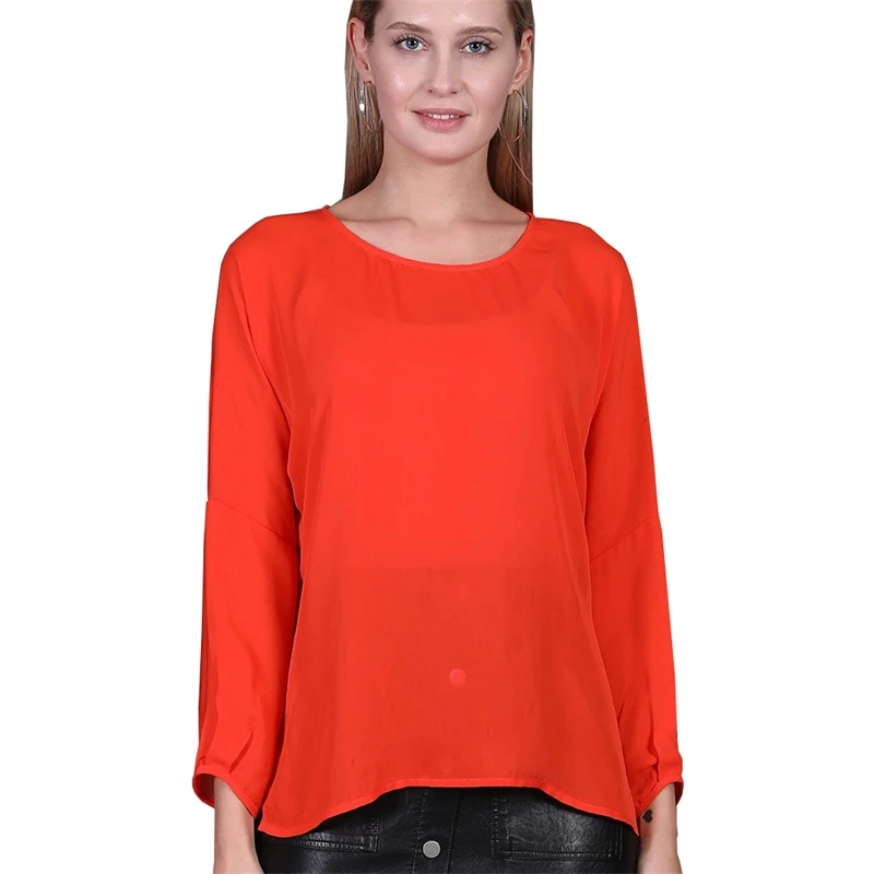 In stock Fashion  Round  neck Long Sleeve Relaxed Fit For Women Ladies chiffon Blouse