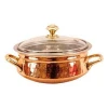 Indian art villa steel copper handi casserole with glass lid &amp; brass handle